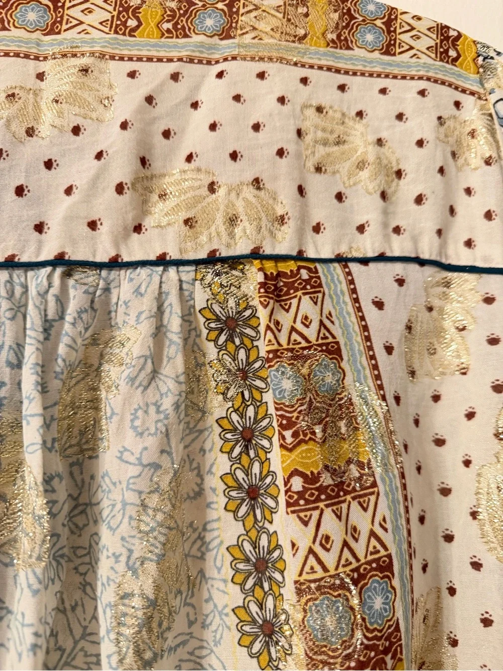 Zara Woman Patchwork Multicolor Peasant Top with Velveteen Ties & Piping Sz XL